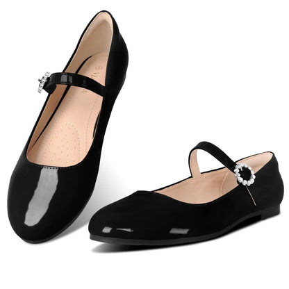 Viapipa Womens Mary Jane Flats Comfortable Strap Flats Dressy Casual Ballet Flats Shoes Floral Buckle Round Toe Black Flats Shoes for Women Brown Size8