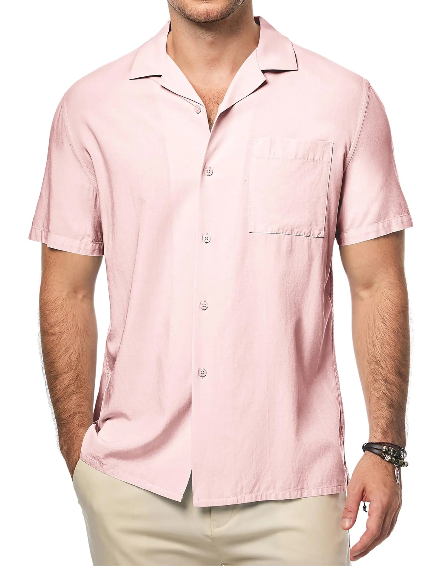 JMIERR Mens 2025 Summer Beach Cotton Linen Short Sleeve Casual Shirt Business Work Dress Shirts XL Light Pink