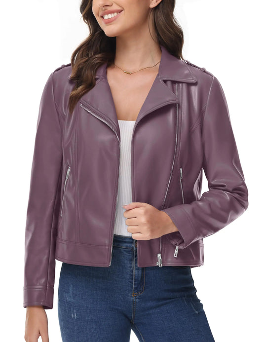 MAGCOMSEN Woman Leather Biker Jacket Classic Faux Leather Jacket Deep Pockets Zipped Pleather Jackets Lapel Motorcycle Jackets Purple 2XL