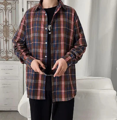 Men's Long Sleeve Plaid Shirt - Casual Loose Fit