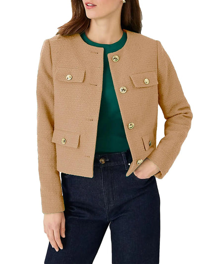 YEXPINE Cropped Tweed Blazer Jackets for Women Elegant Slim Collarless Business Casual Outfits Fall Jackets for Women 2024 Khaki
