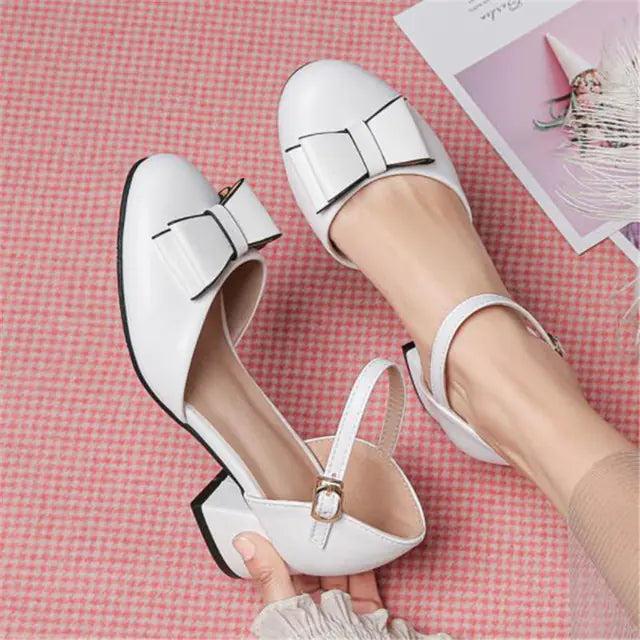 Girls' White Leather High Heel Princess Shoes with Bow