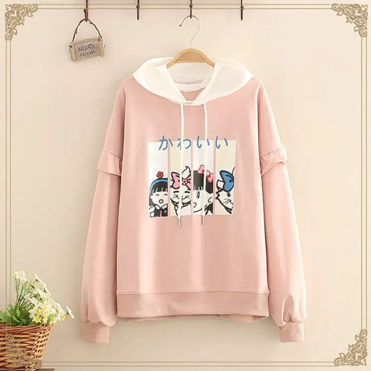 Casual Hoodies with Ruffles and Cartoon Print Cotton
