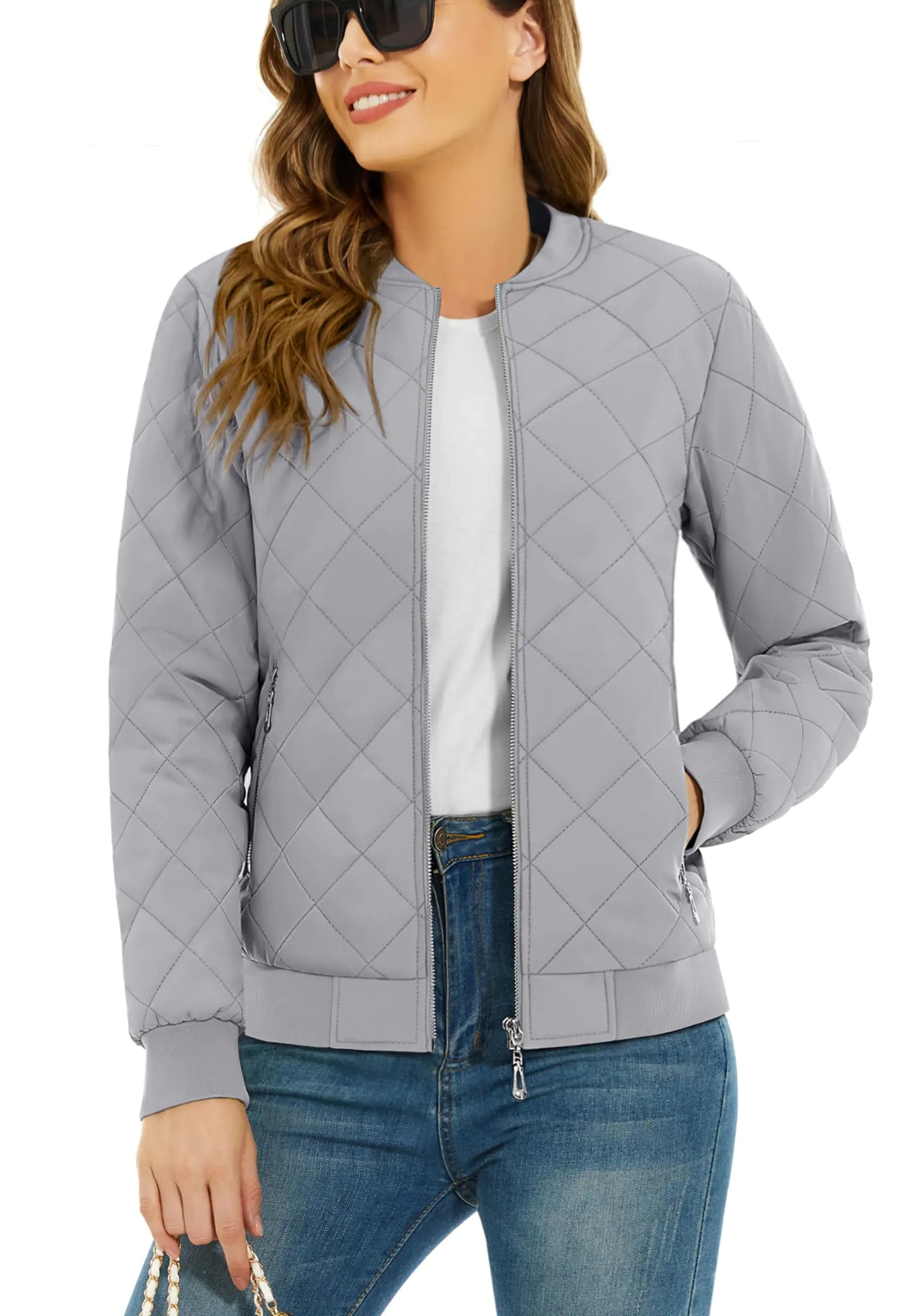 TACVASEN Woman Winter Coats Casual Diamond Quilted Jackets Padded Coat Lightweight Bomber Jackets with Pockets Full Zip Up Light Grey 2XL
