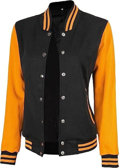 URBAN CREST Varsity Jacket Women-Letterman Jacket-Bomber Jackets for Women- Womens Black and Yellow Varsity Jacket-[40054084]- Large