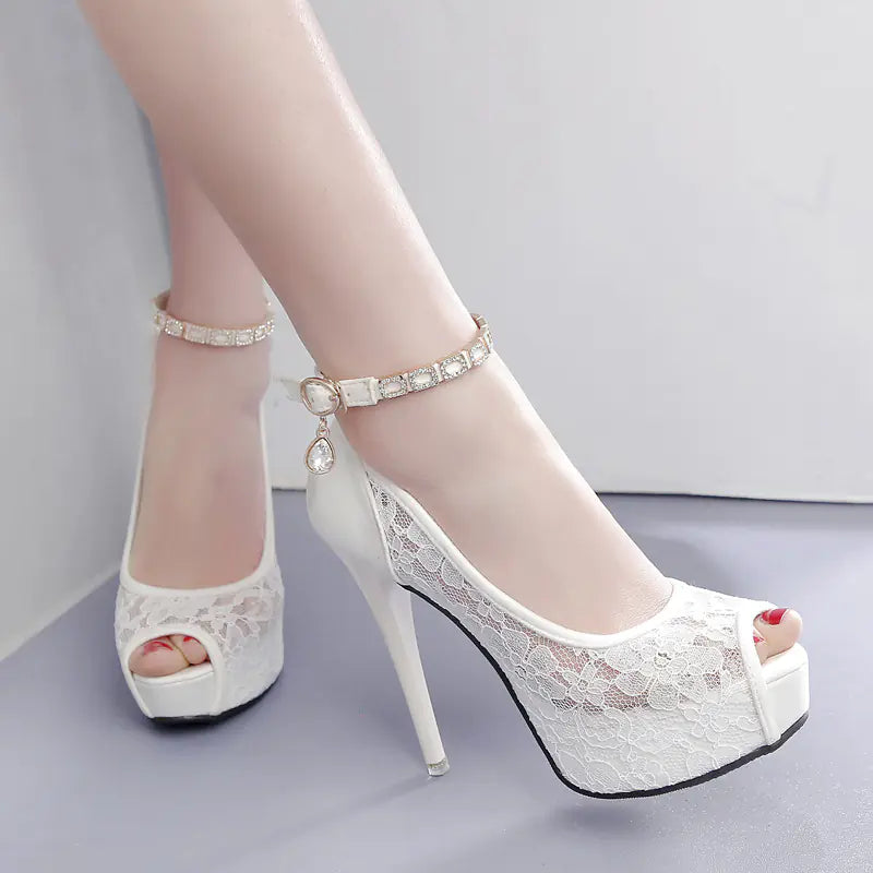 12CM High Heel Lace Peep Toe Sandals for Daily Wear