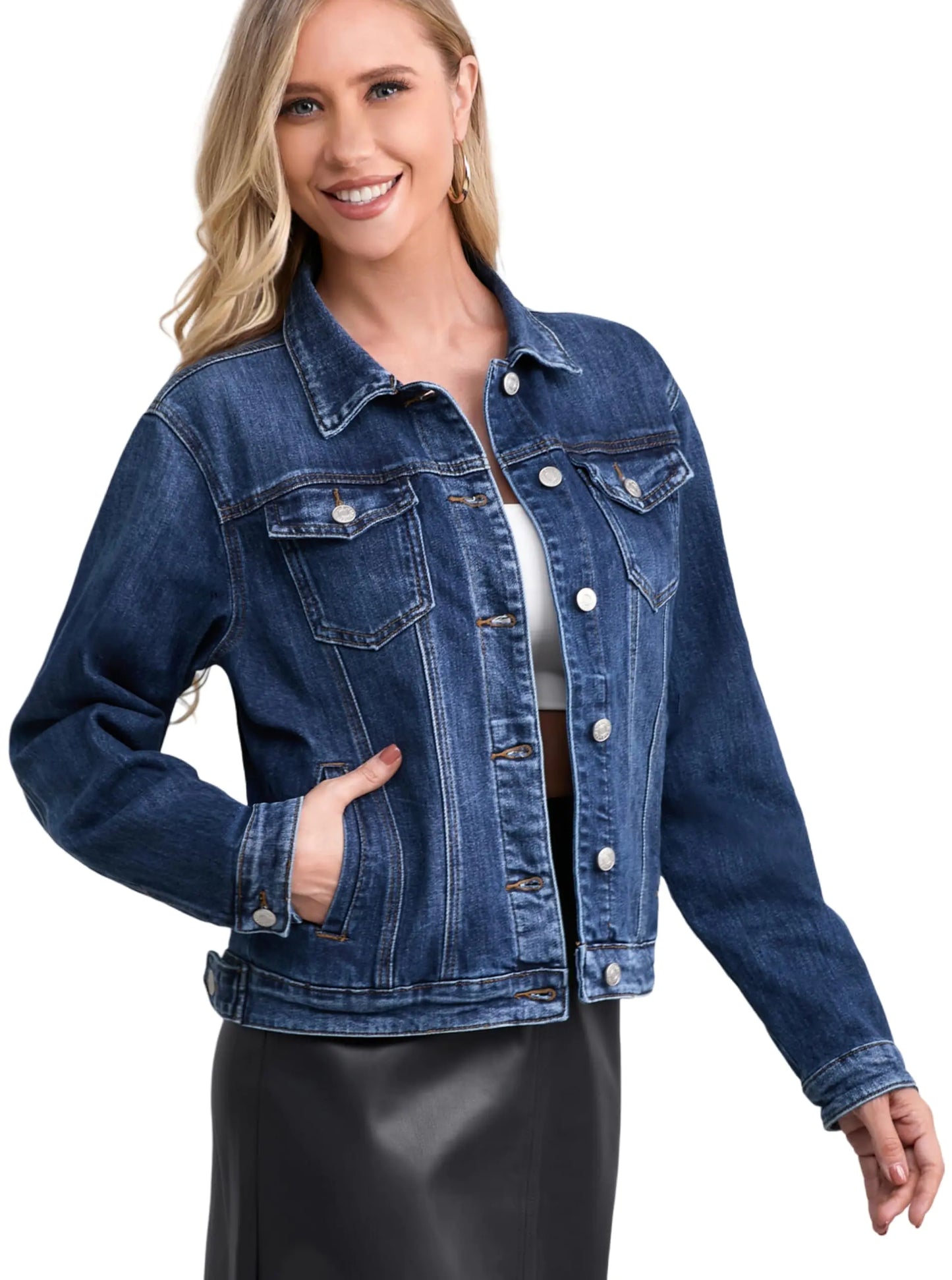 Muundim Dark Blue Jean Jackets for Women Stretch Womens Denim Jackets Fitted Casual Ladies Jean Trucker Coat