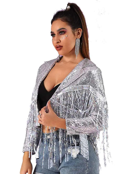EVILD Women Sequins Tassel Bomber Jackets Glitter Long Sleeve Jacket Sparkly Open Front Party Bomber Blazers