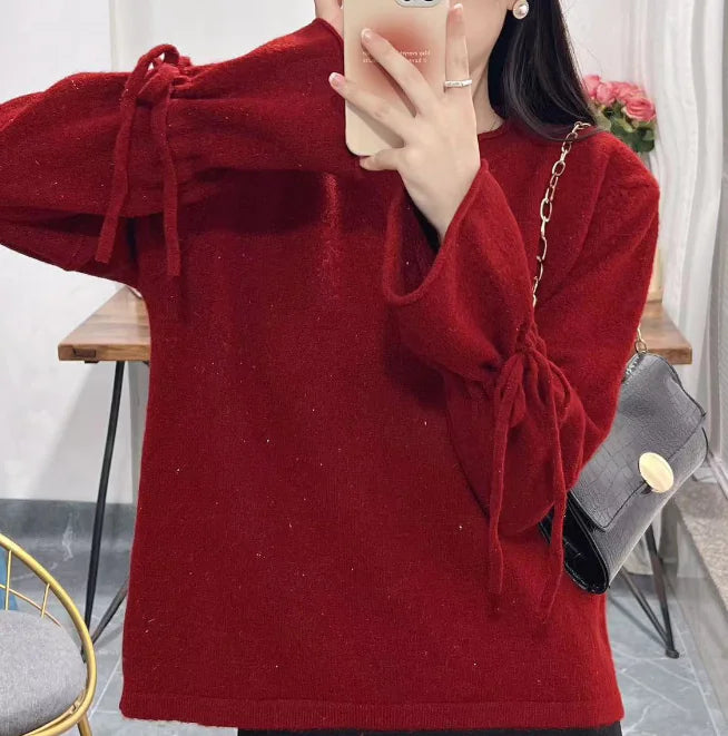2019 Autumn Winter Women's Knit Sweater with Ties