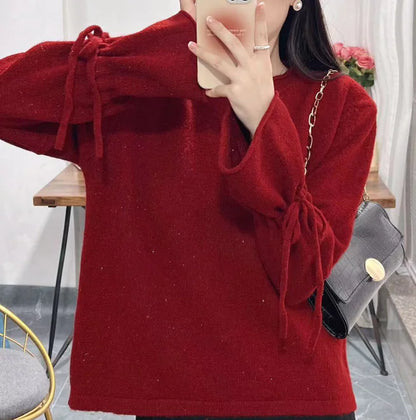 2019 Autumn Winter Women's Knit Sweater with Ties