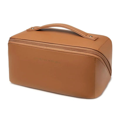 zaleeta Travel Makeup Bag Large Capacity Cosmetic Organizer Bags for Women Waterproof PU Leather Toiletry Bags Wide Open Flat Makeup Case with Divider and Handle