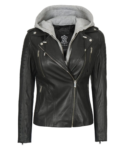 fjackets Leather Jackets For Women - Removable Hood Real Lambskin Bagheria Black Leather Jacket Women | [1303504] L