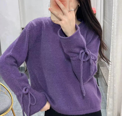 2019 Autumn Winter Women's Knit Sweater with Ties