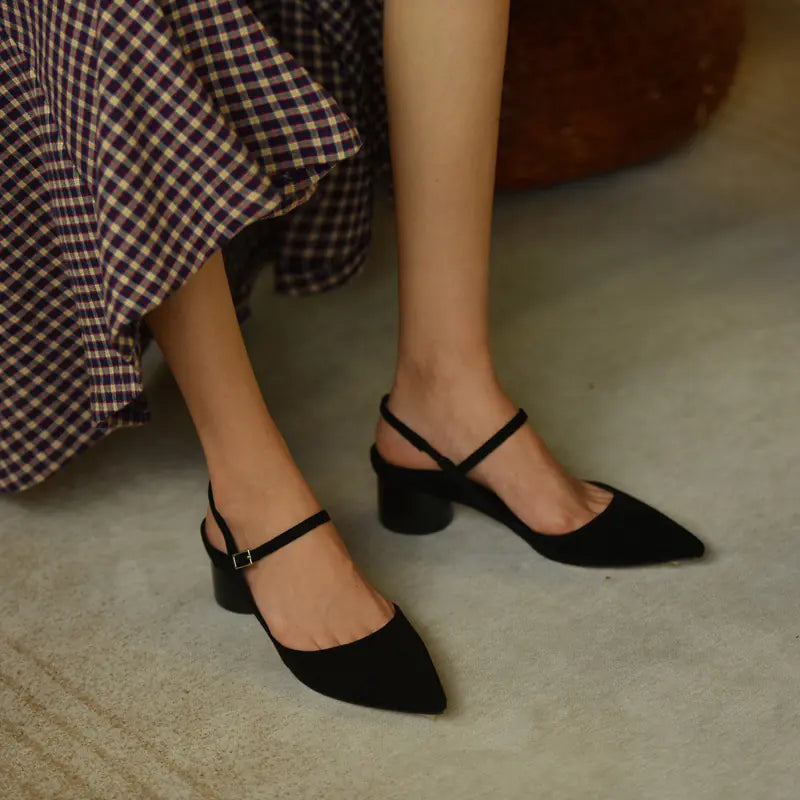 Black Pointed Toe Mid-Heel Mary Jane Women's Shoes