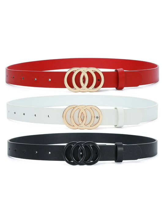 Pettata 3 Pack Women Belt for Jeans Dress O-Style Gold Buckle Skinny Waist Belt 0.98" Width Fashion Thin Belts for Ladies Black White Red Medium