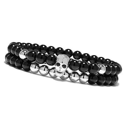 Metal Skull Bracelet with Black Onyx Bead Bracelet Set