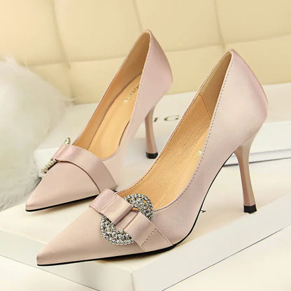 Satin Pointed Toe High Heel Shoes with Rhinestone Buckle