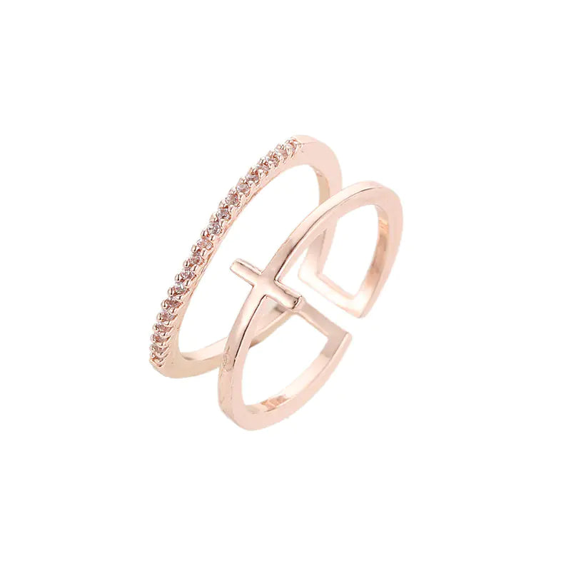 Rose Gold Cross Layered Open Ring with Gold Plating