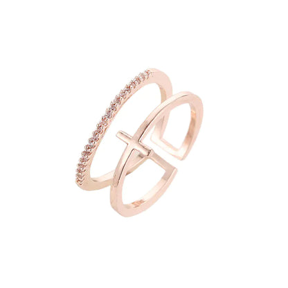 Rose Gold Cross Layered Open Ring with Gold Plating
