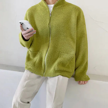 Men's Retro Zipper Cardigan Sweater with Stand Collar