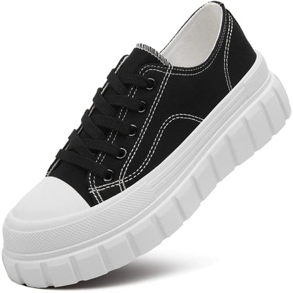 HYPOCRUTE Platform Sneakers for Women Low Top Canvas Shoes Womens Lace Up Platform Shoes Casual Walking Shoes for Women（BlackUS6）