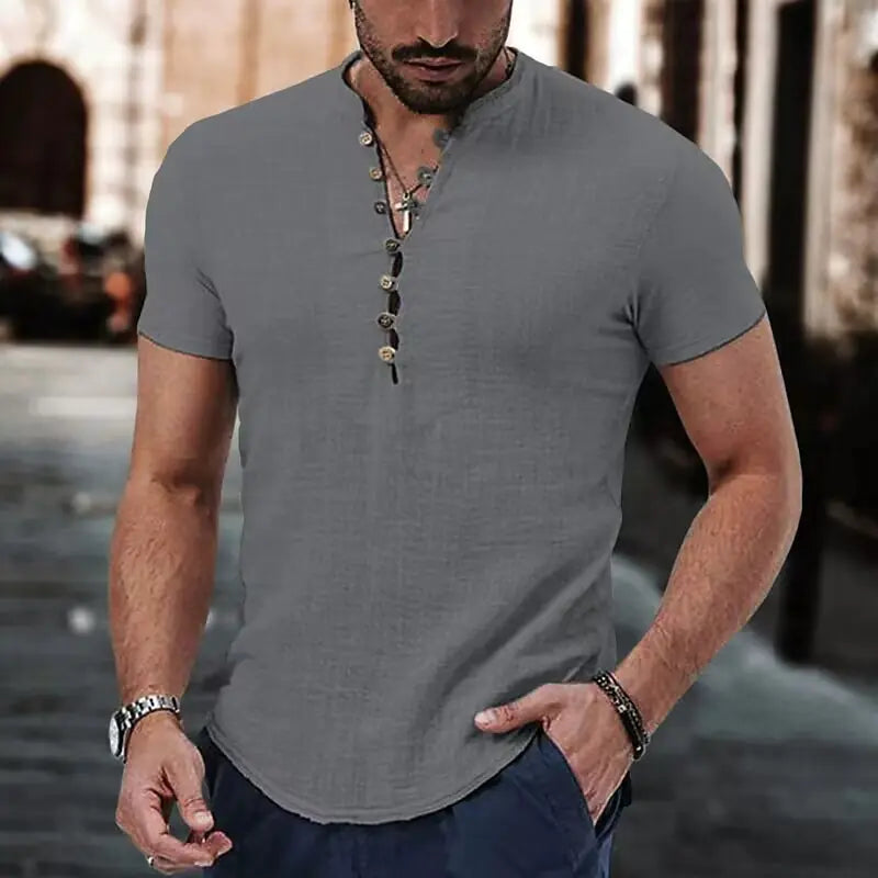 2023 Men's Linen Casual Shirt - Simple V-Neck Summer Wear