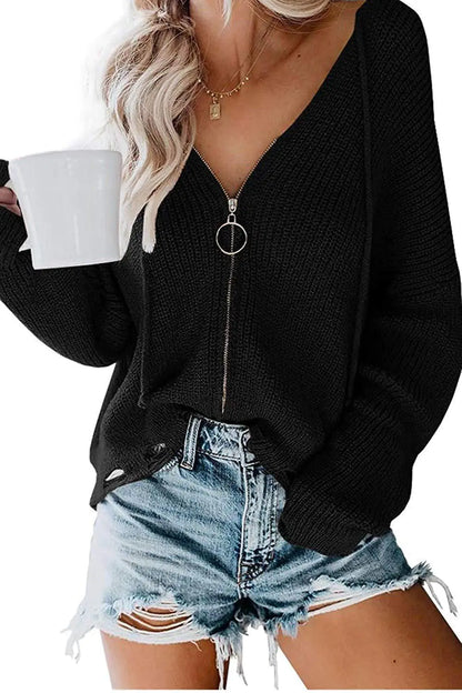 Hooded Zipper Sweater, Irregular Loose Women's Sweater