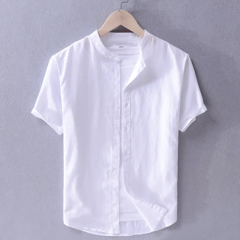 Men's Loose Linen Casual Shirt - Solid Color Beach Style