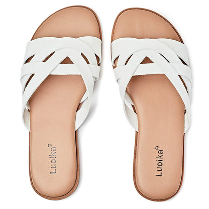 Luoika Womens Wide Width Flat Slides Sandals Casual Comfortable Strap Sandal Summer Beach Dress Shoes for Women. 220707Beige10.5XW