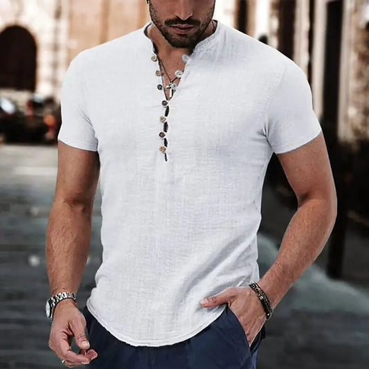 2023 Men's Linen Casual Shirt - Simple V-Neck Summer Wear