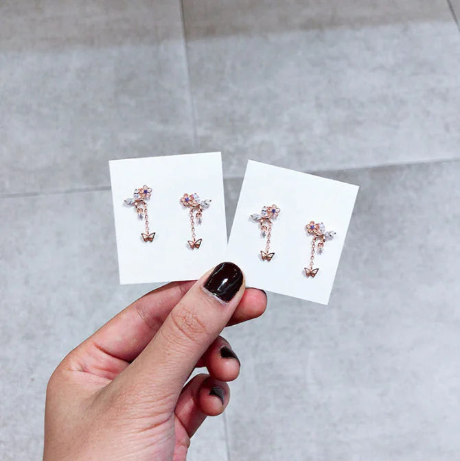 Pink Butterfly Rhinestone Elegant Earrings