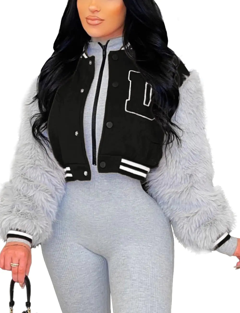 KANSOON Letterman Jacket Women Faux Fur Sleeve Crop Varsity Jackets Baseball Vintage Coats Streetwear Black L