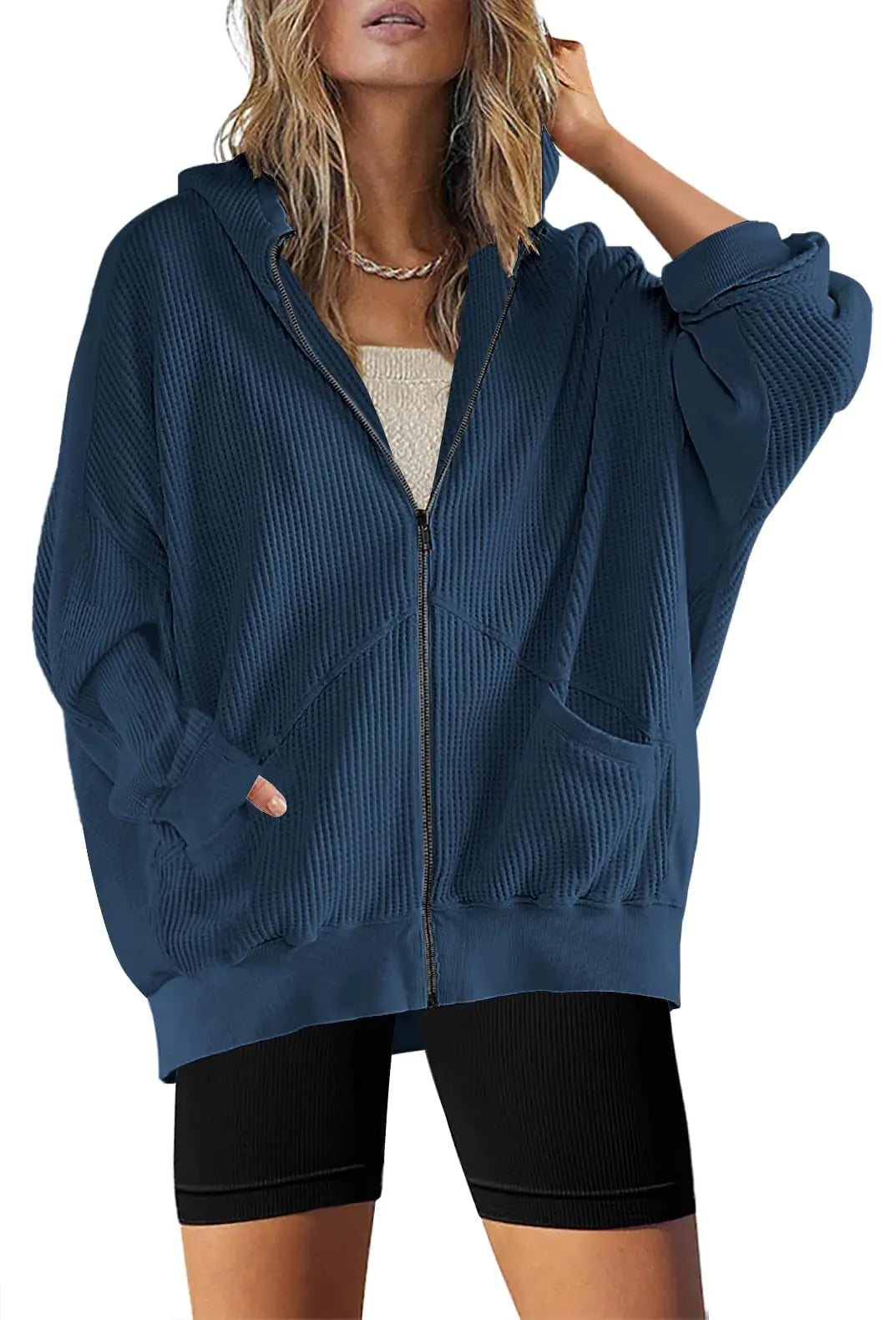 Shirt Jackets for Women 2024 Trendy Waffle Knit Tops Zip Up Hoodies Casual Long Batwing Sleeve Boyfriend Slouchy Sweater