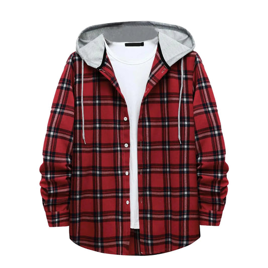 Generic Flannel Shirt For Men Lightweight Jackets Casual Button Up Hoodie Long Sleeve Plaid Shirt Fall Trendy Teen Boys Jacket Oversized Graphic Hoodie Sale Items Clearance Today(B-RedMedium)