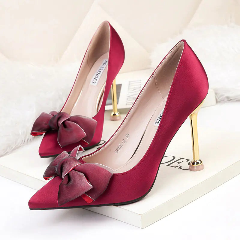 Stylish Satin Pointed Toe High Heels with Bow