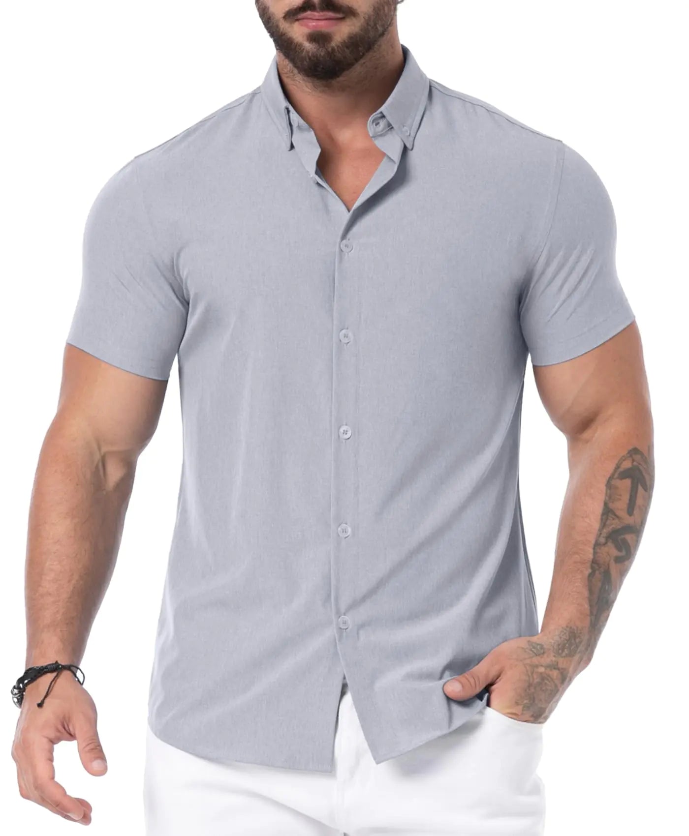 Askdeer Mens Muscle Fit Shirts Wrinkle-Free Short Sleeve Casual Shirt Stretch Slim Button Down Shirt Gray