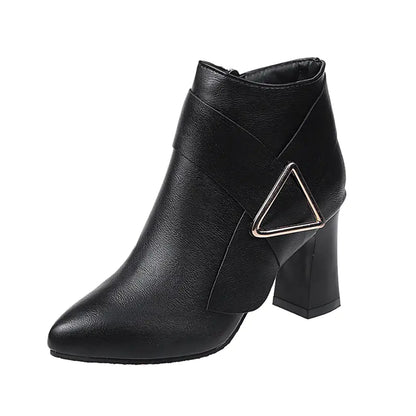 Chic Chunky Heel Pointed Toe Ankle Boots with Metal Decor