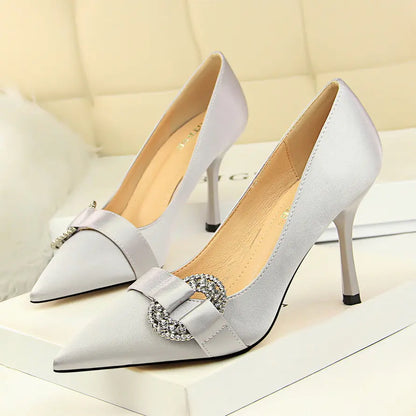 Satin Pointed Toe High Heel Shoes with Rhinestone Buckle