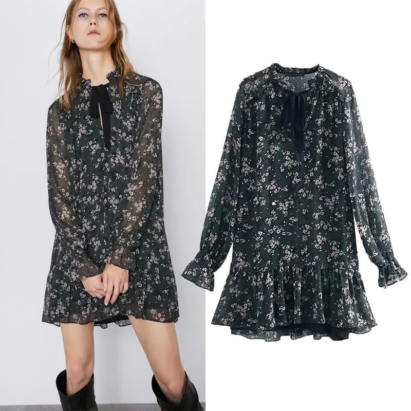 Fresh Floral Round Neck Long Sleeve Chiffon Dress