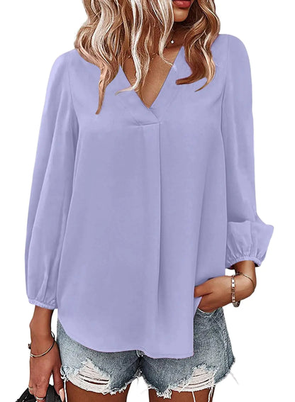 Spriolim Womens Elegant Top Long Sleeve V Neck Tunic Casual Elegant Chiffon Blouse Light Purple Small
