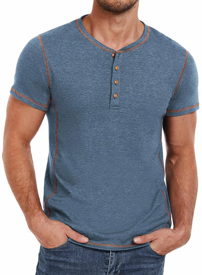 PEGENO Mens Fashion Henley Short Sleeve T-Shirt Cotton Casual Shirt Contrast Stitching Tees Tops VG-Blue Medium