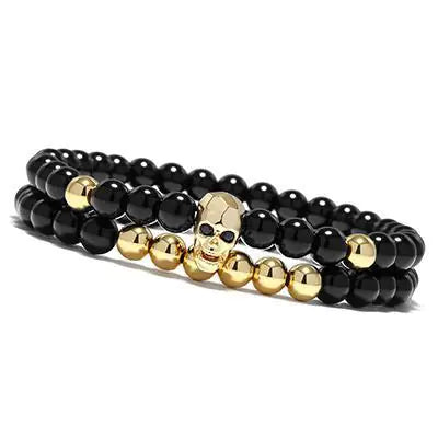 Metal Skull Bracelet with Black Onyx Bead Bracelet Set