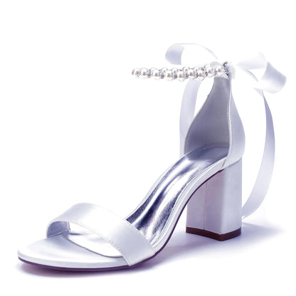 Pearl Block Wedding Shoes for Women High Heels Chunky Open Toe Bridal Shoes Satin Block Heels Prom Party Dress Pumps Sandals White US9