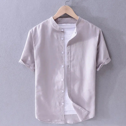 Men's Loose Linen Casual Shirt - Solid Color Beach Style