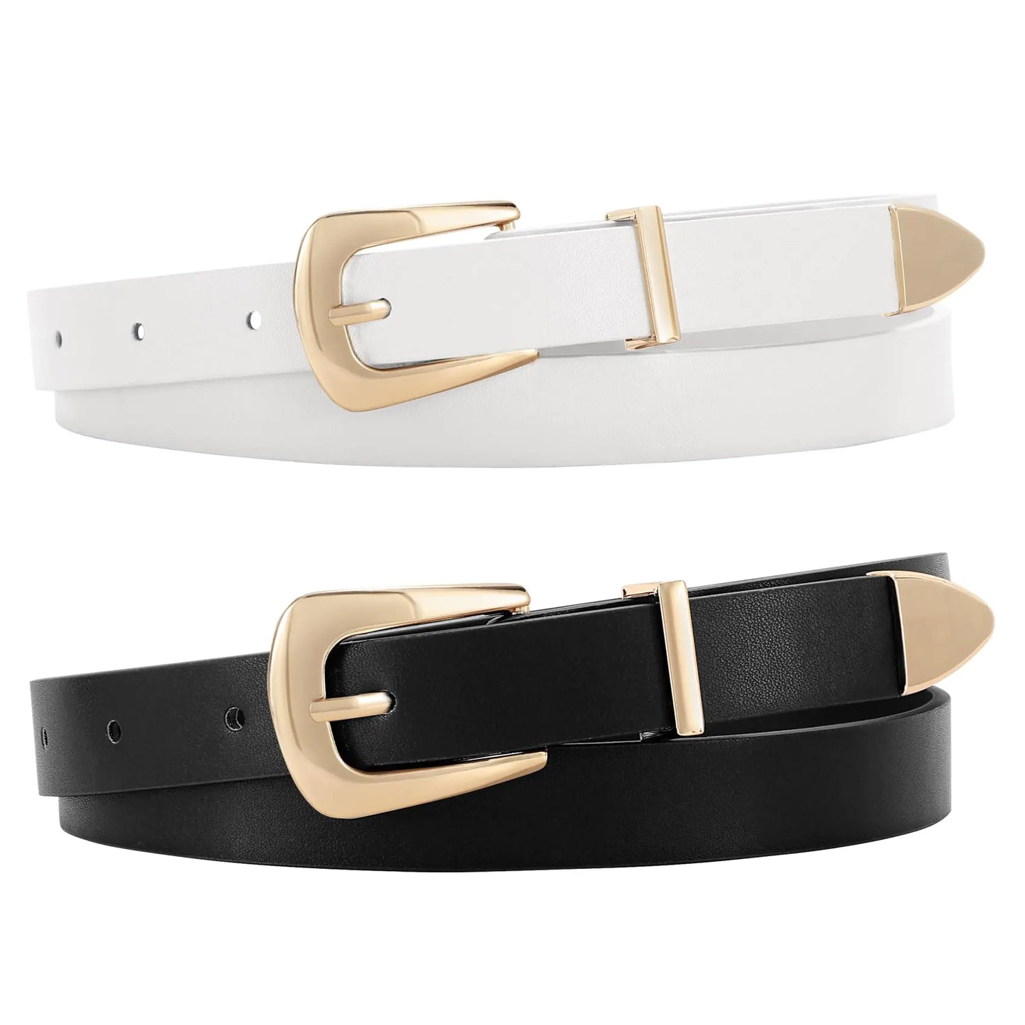 JASGOOD 2 Pack Womens Skinny Leather Belts Faux Leather Thin Waist Belts with Gold Buckle for Jeans Pants Dresses