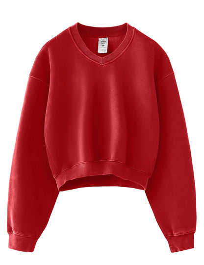 Hatant Sweatshirt for Women Acid Wash Athletic Hoodies Heritage Fleece V-neck Long Sleeve Hoodie Y2K Crop Pullover Women Sweatshirt Cotton Fleece Lined Hoodies Workout Pullover Shirt Red-L