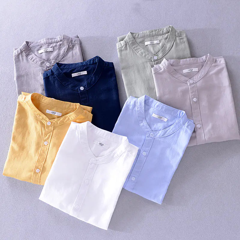 Men's Loose Linen Casual Shirt - Solid Color Beach Style