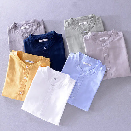 Men's Loose Linen Casual Shirt - Solid Color Beach Style
