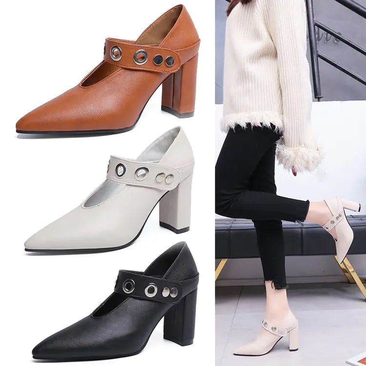 Spring Pointed Toe Block Heel Mary Jane Shoes for Women