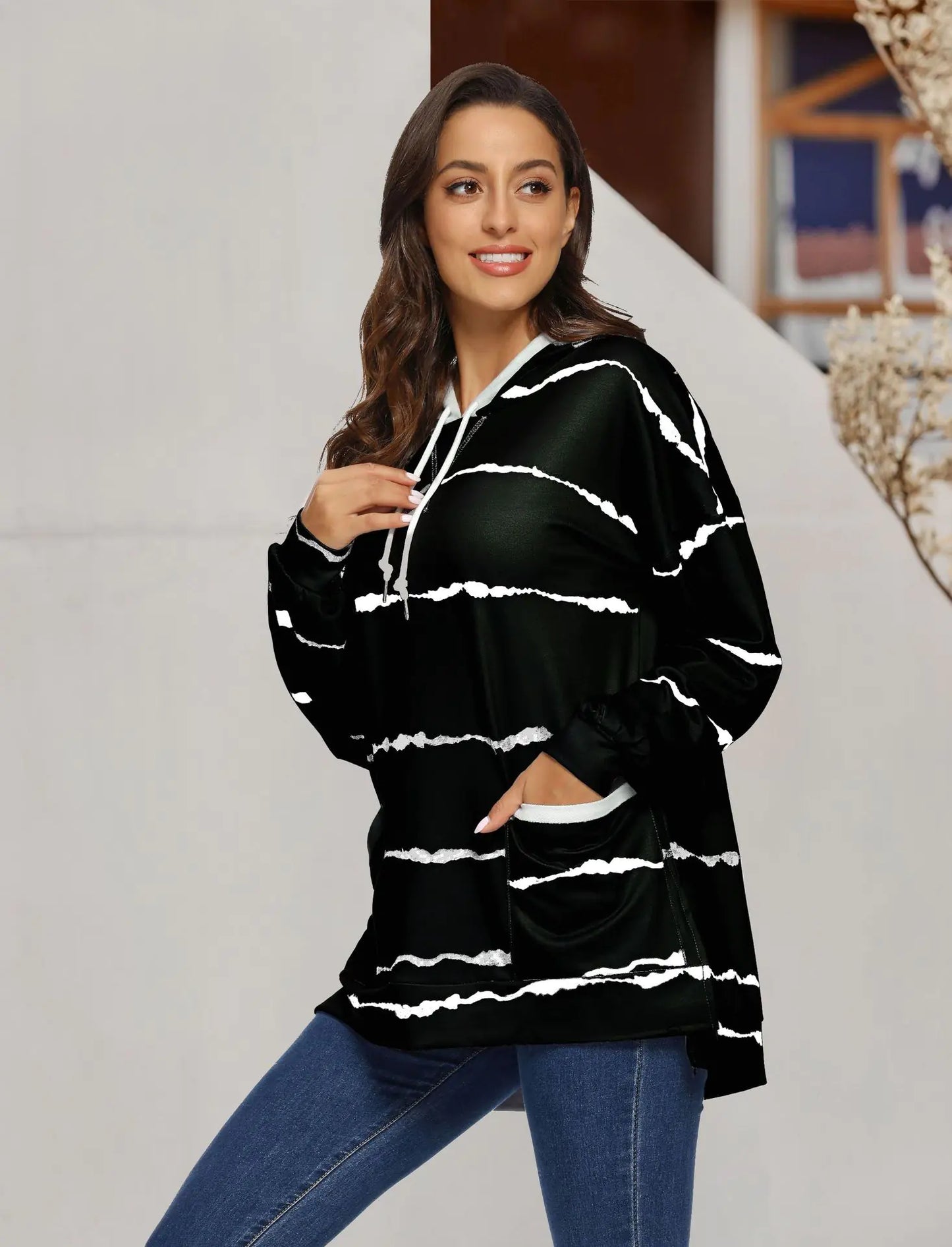 Women's Hooded Striped Long Sleeve Sweater